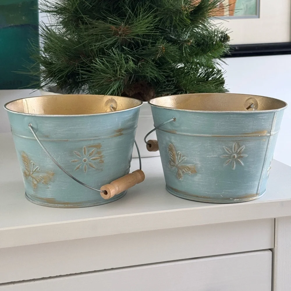 Blue Metal Buckets with Gold Accents and Gold Inside Decorative Use (2)